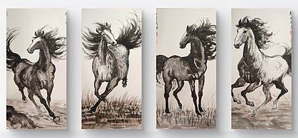 云海松涛 徐悲鸿奔马图四连幅