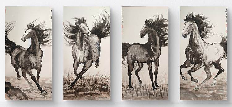 云海松涛 徐悲鸿奔马图四连幅