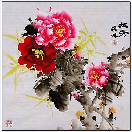 高晓林 （5496）国家一级美术师江苏省美协会员，斗方牡丹