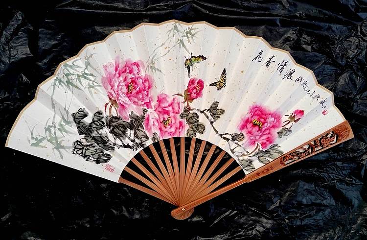 当代著名书画家 醉墨 朱毅江扇面牡丹作品