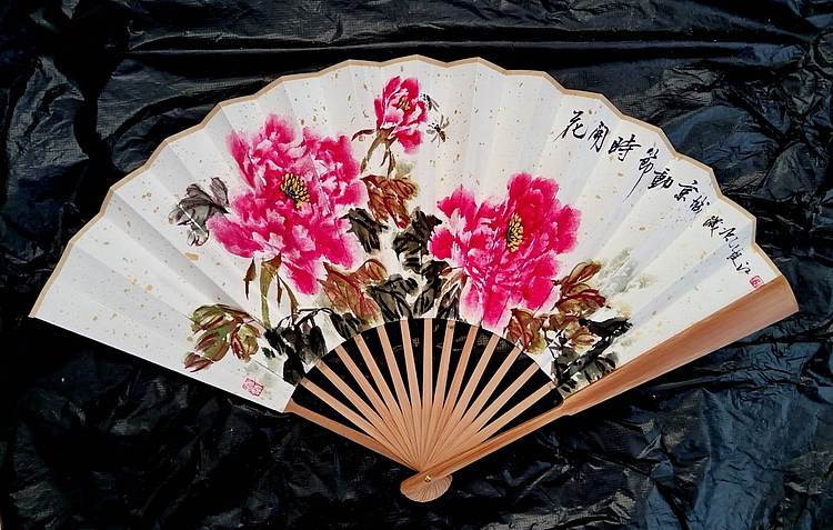 当代著名书画家 醉墨 朱毅江扇面牡丹作品