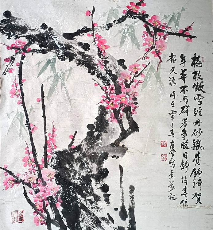 山东省美协会员 闫友会 梅枝傲雪绽丹砂