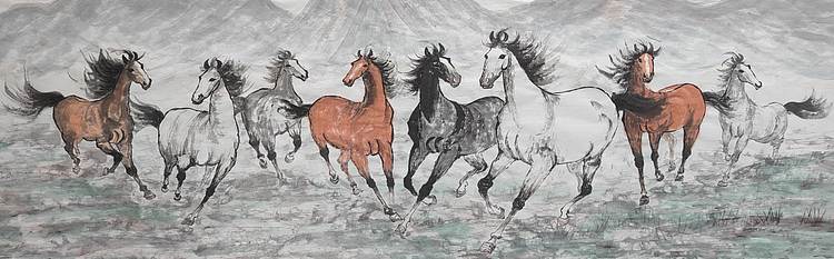 云海松涛 八骏逐风图