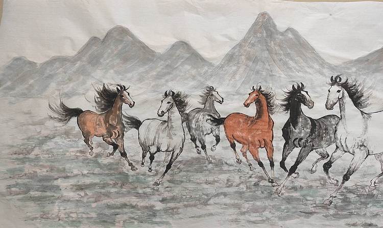 云海松涛 八骏逐风图