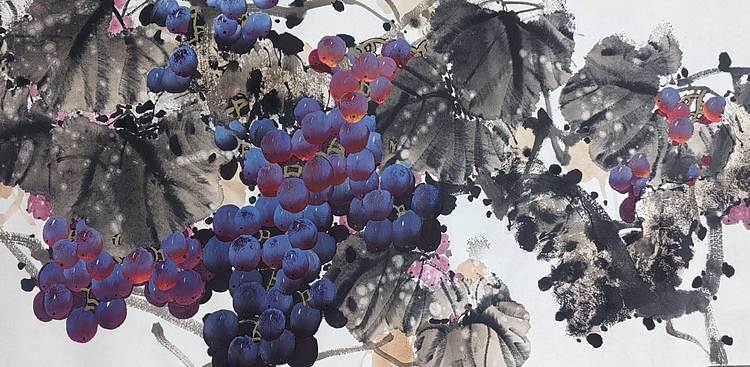 梦山重彩四尺对开葡萄作品
