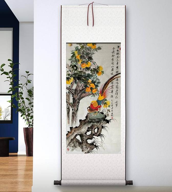 梦绘 己装裱《锦鸡柿子树》装裱好尺寸：174*83