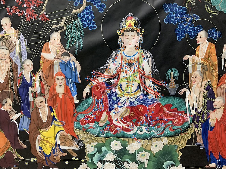 王振兴 十八罗汉拜观音八尺绢本