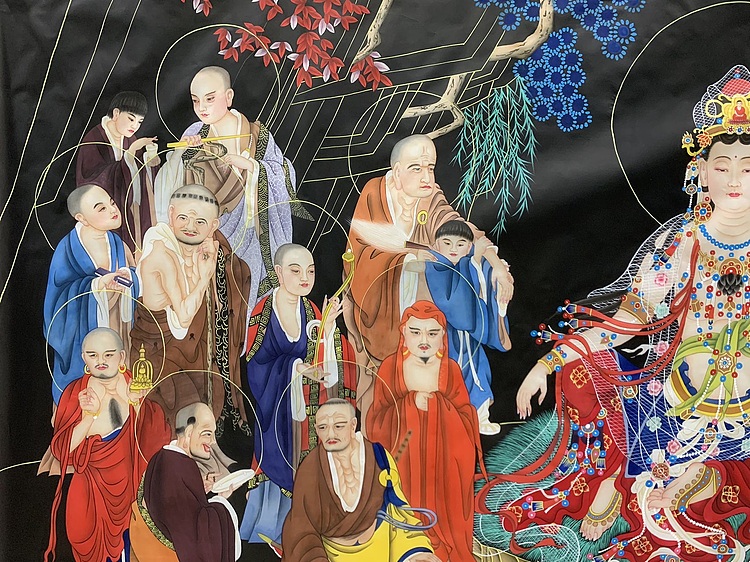 王振兴 十八罗汉拜观音八尺绢本