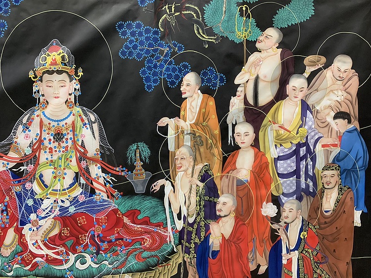 王振兴 十八罗汉拜观音八尺绢本