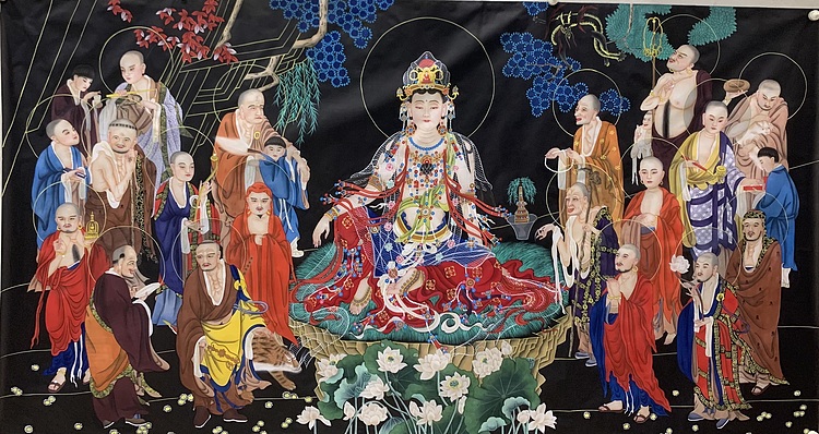 王振兴 十八罗汉拜观音八尺绢本