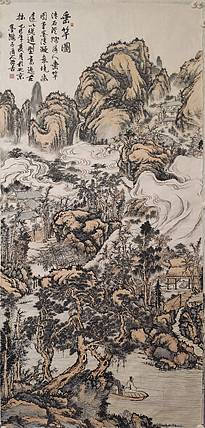 垂竿图  墨涤子道人程鹏程老师作品、传统浅绛山水设色、画芯145*69厘米未裱