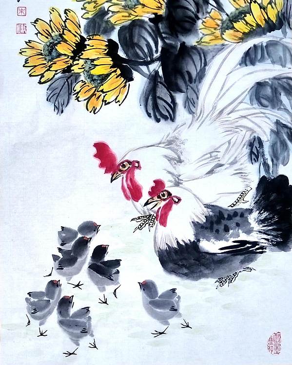 当代著名书画家 醉墨 朱毅江国画《合家欢乐》
