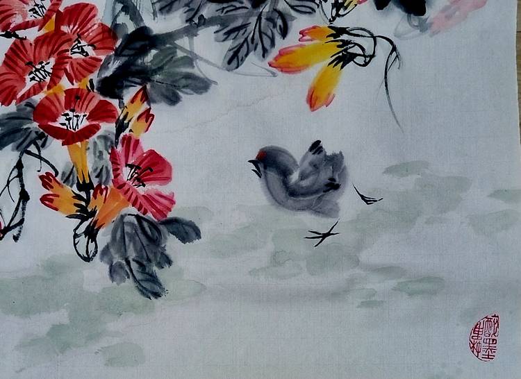 当代著名书画家 醉墨 朱毅江花鸟画《春和》