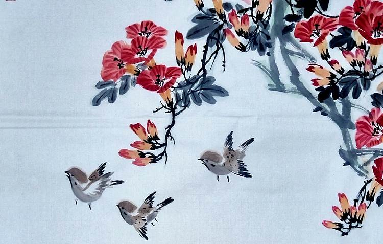 当代著名书画家 醉墨 朱毅江花鸟画《晨曲》
