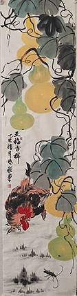 墨涤子道人 五福吉祥   程鹏程墨涤子写意花鸟之写鸡作品，画芯未裱