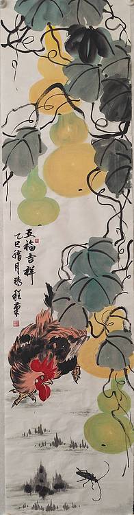 墨涤子道人 五福吉祥   程鹏程墨涤子写意花鸟之写鸡作品，画芯未裱